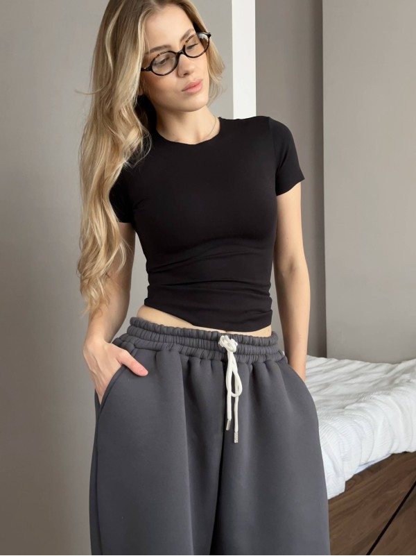 Жiночi широкi штани на флiсi графiтового кольору 35707