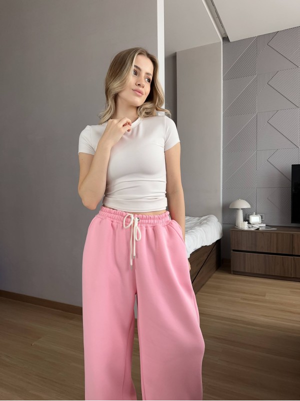 Жiночi широкi штани на флiсi рожевого кольору 35709