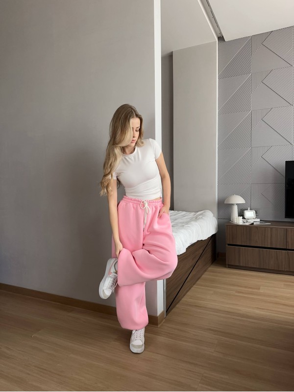 Жiночi широкi штани на флiсi рожевого кольору 35709
