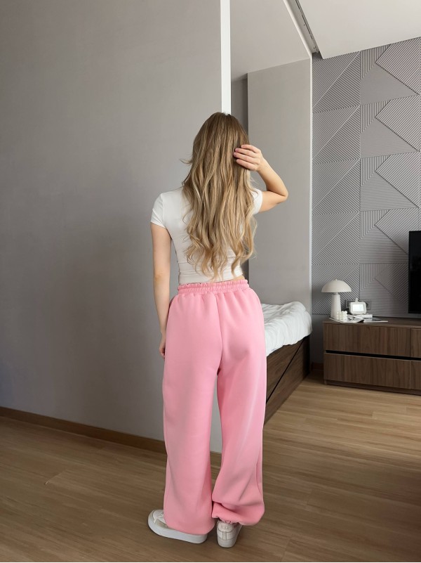 Жiночi широкi штани на флiсi рожевого кольору 35709