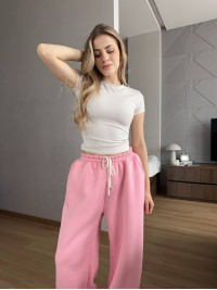 Жiночi широкi штани на флiсi рожевого кольору 35709