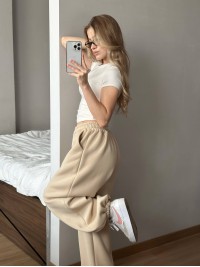 Жiночi широкi штани на флiсi бежевого кольору 35710
