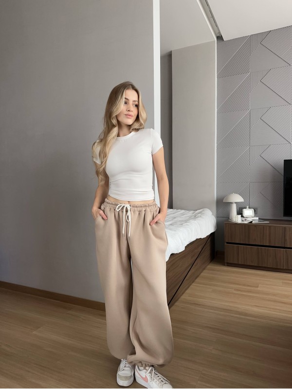 Жiночi широкi штани на флiсi бежевого кольору 35710