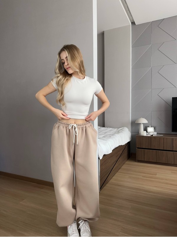 Жiночi широкi штани на флiсi бежевого кольору 35710