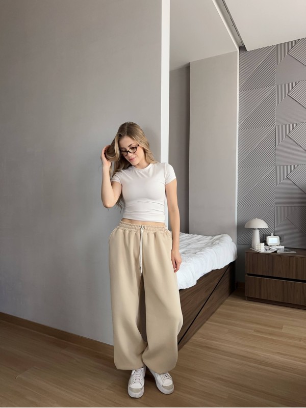 Жiночi широкi штани на флiсi бежевого кольору 35710