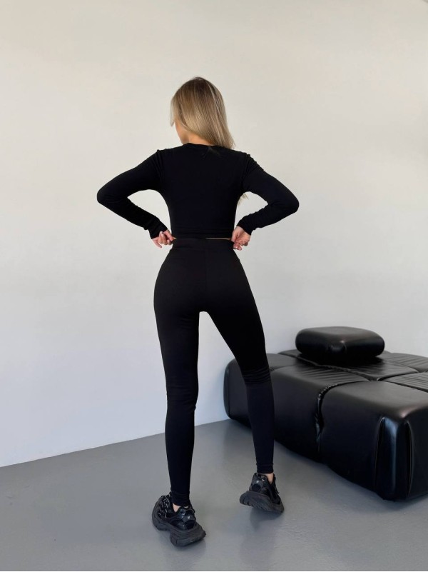 Жіночі лосини в рубчик на флiсi чорного кольору 35721