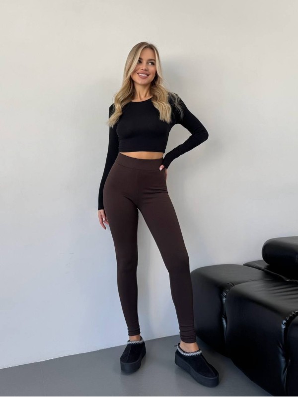 Жіночі лосини в рубчик на флiсi коричневого кольору 35722