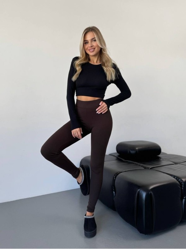 Жіночі лосини в рубчик на флiсi коричневого кольору 35722