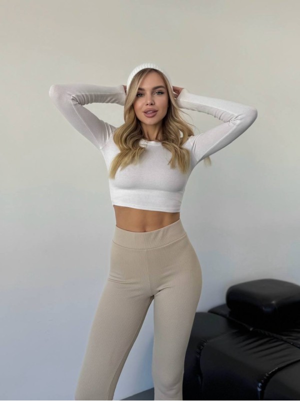 Жіночі лосини в рубчик на флiсi бежевого кольору 35723