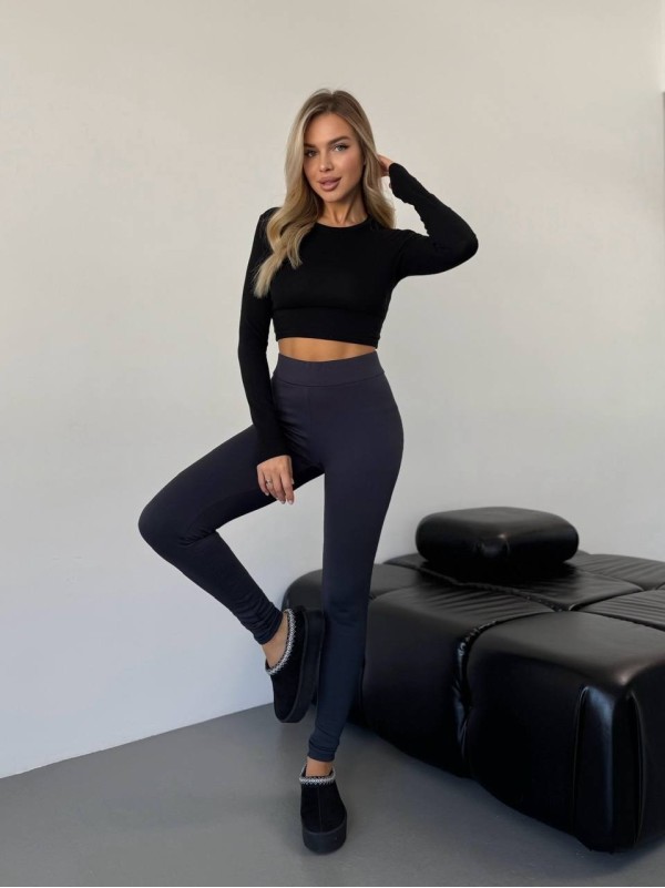 Жіночі лосини в рубчик на флiсi графiтового кольору 35724