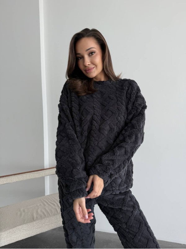Жіночий теплий домашній костюм графiтового кольору  35725