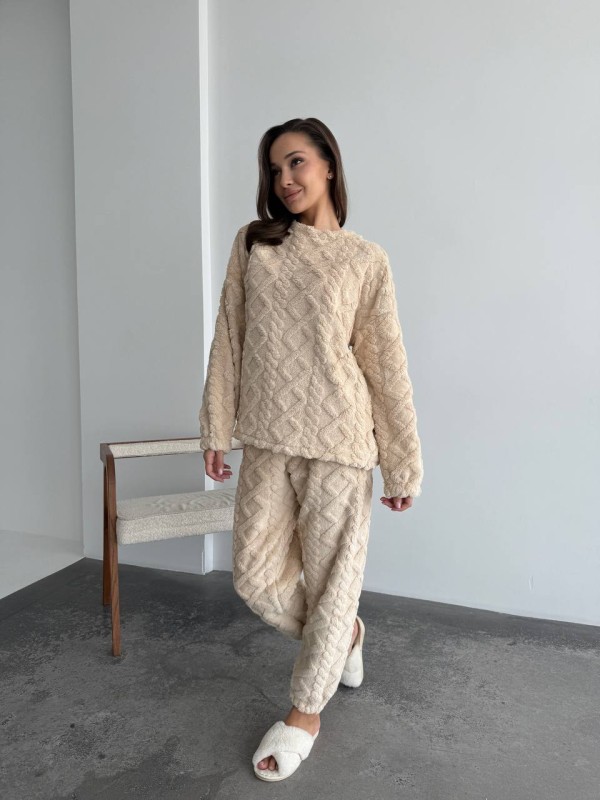 Жіночий теплий домашній костюм бежевого кольору  35726
