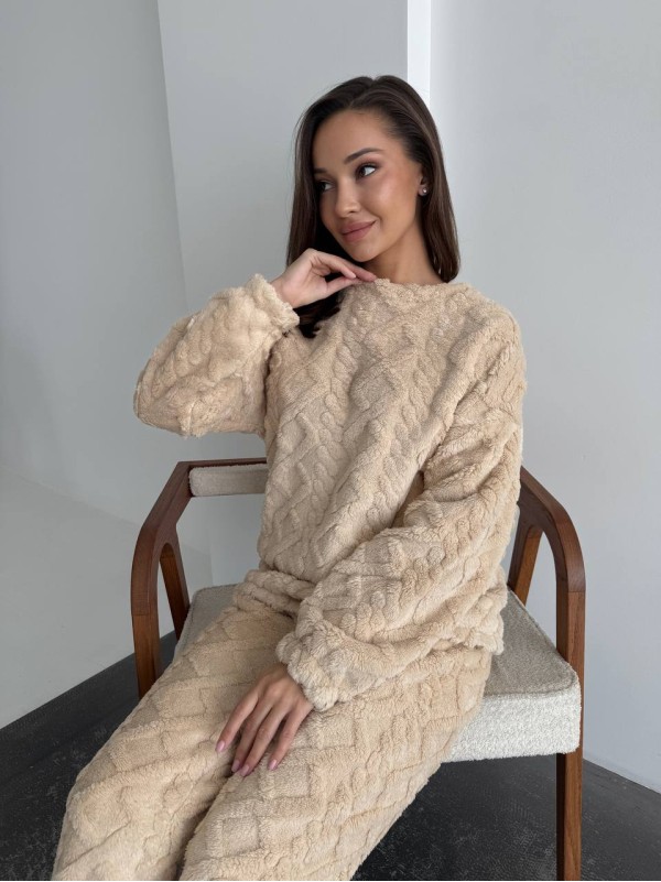 Жіночий теплий домашній костюм бежевого кольору  35726