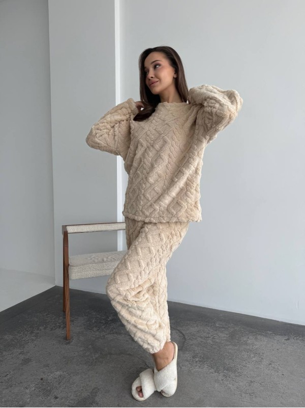 Жіночий теплий домашній костюм бежевого кольору  35726
