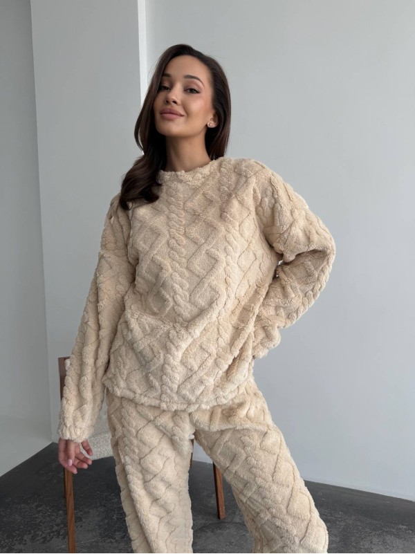 Жіночий теплий домашній костюм бежевого кольору  35726