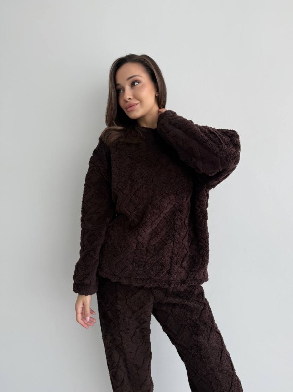 Жіночий теплий домашній костюм коричневого кольору  35729