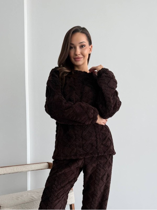 Жіночий теплий домашній костюм коричневого кольору  35729