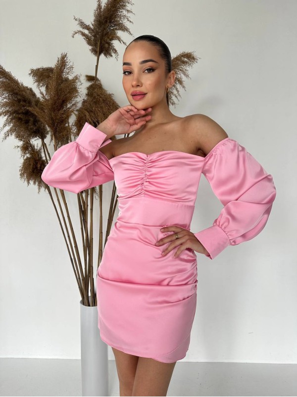 Вечірня сукня міні з вiдкритими плечима рожевого кольору 35735