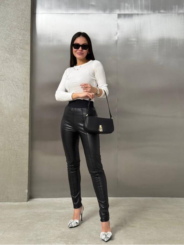 Жіночі лосини на хутрi з еко-шкiри чорного кольору 35739