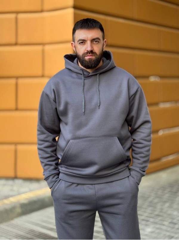 Теплий чоловічий костюм з капюшоном графiтового кольору 35747
