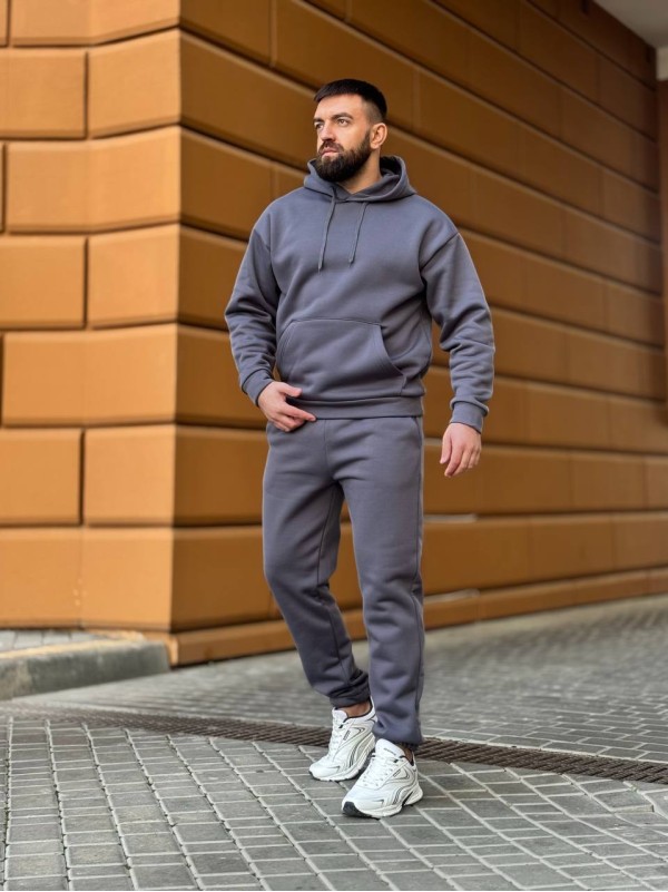 Теплий чоловічий костюм з капюшоном графiтового кольору 35747