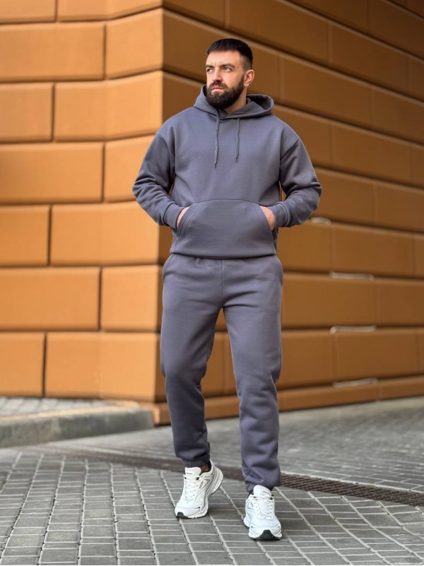 Теплий чоловічий костюм з капюшоном графiтового кольору 35747