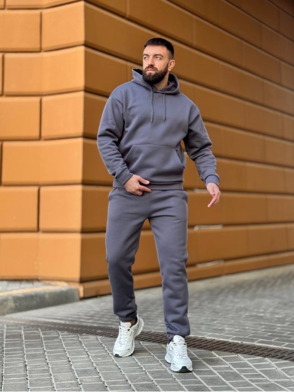 Теплий чоловічий костюм з капюшоном графiтового кольору 35747