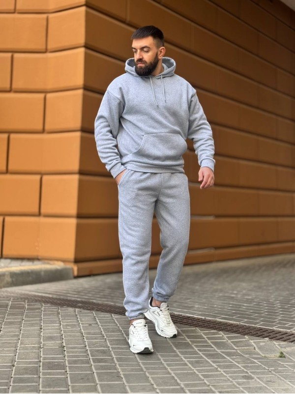 Теплий чоловічий костюм з капюшоном сiрого кольору 35748
