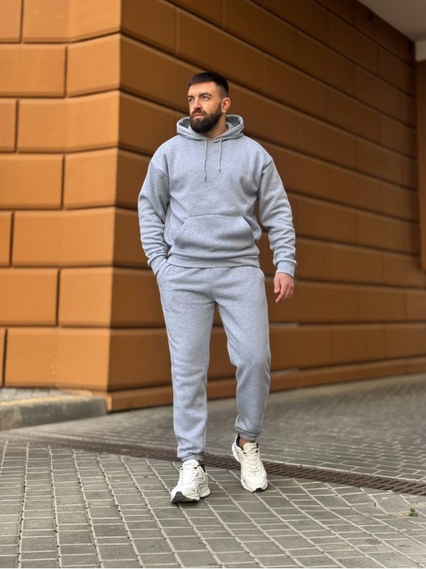 Теплий чоловічий костюм з капюшоном сiрого кольору 35748