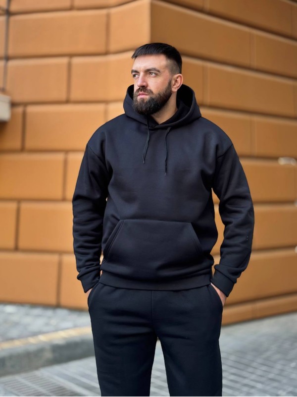 Теплий чоловічий костюм з капюшоном чорного кольору 35749