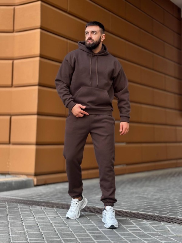 Теплий чоловічий костюм з капюшоном коричневого кольору 35750