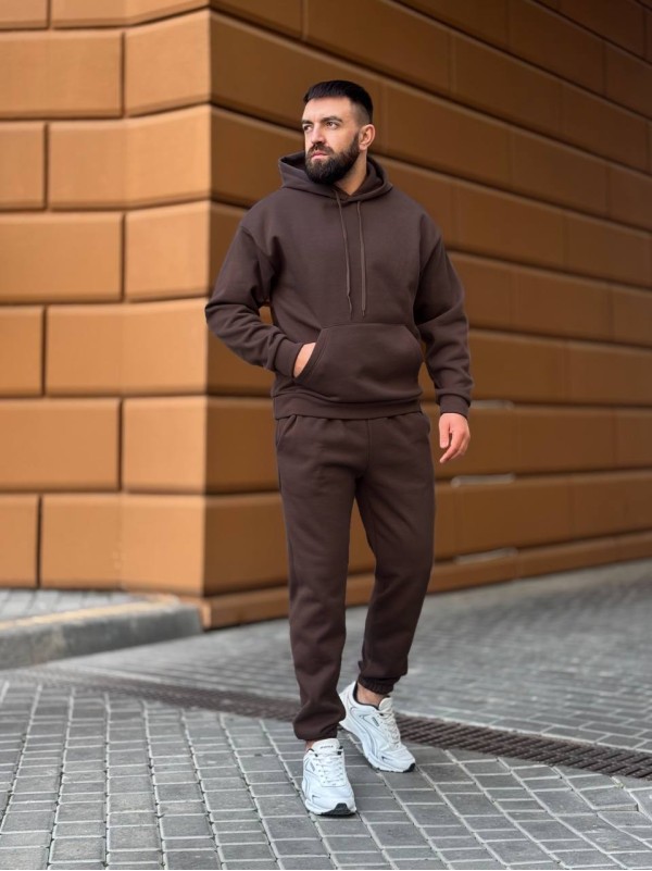 Теплий чоловічий костюм з капюшоном коричневого кольору 35750