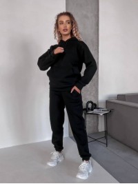 Жіночий спортивний костюм на флісi з капюшоном чорного кольору 35761