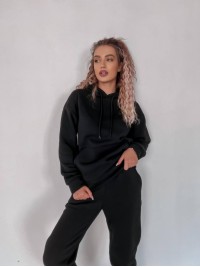 Жіночий спортивний костюм на флісi з капюшоном чорного кольору 35761