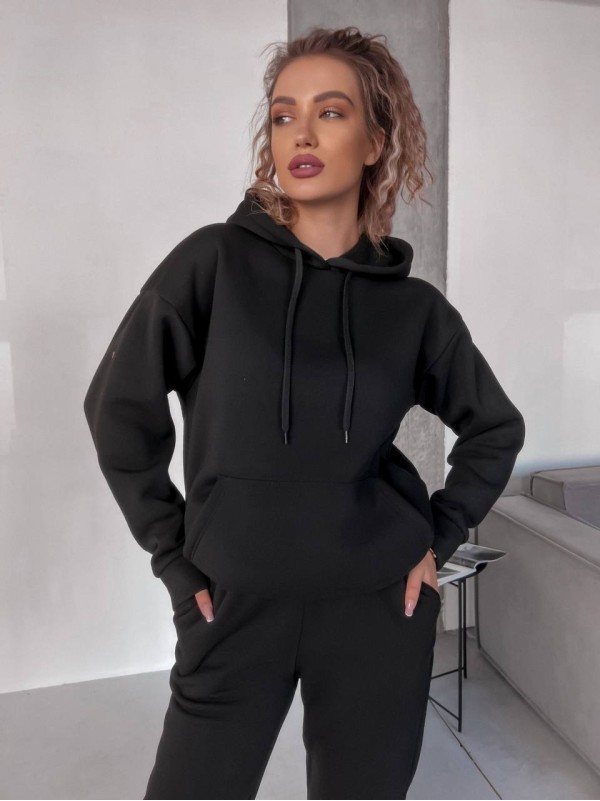 Жіночий спортивний костюм на флісi з капюшоном чорного кольору 35761