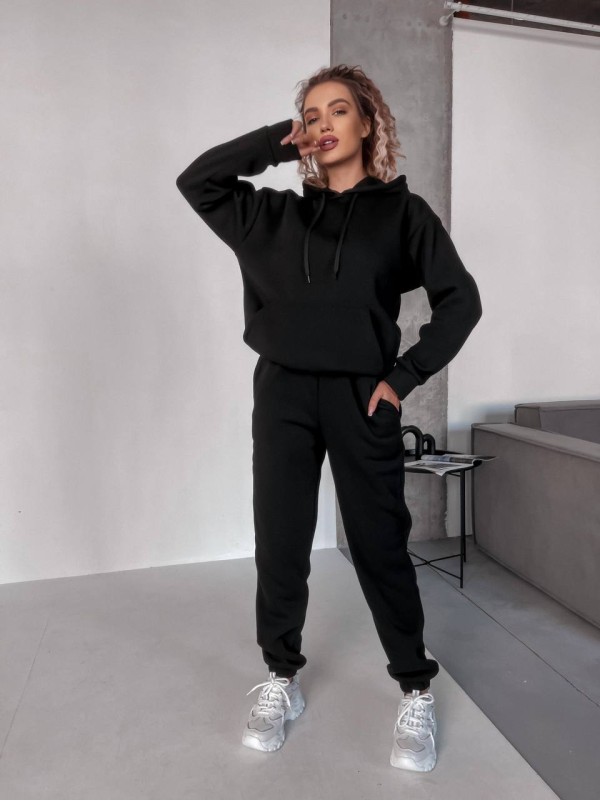 Жіночий спортивний костюм на флісi з капюшоном чорного кольору 35761