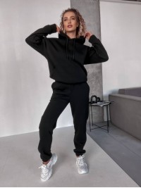 Жіночий спортивний костюм на флісi з капюшоном чорного кольору 35761