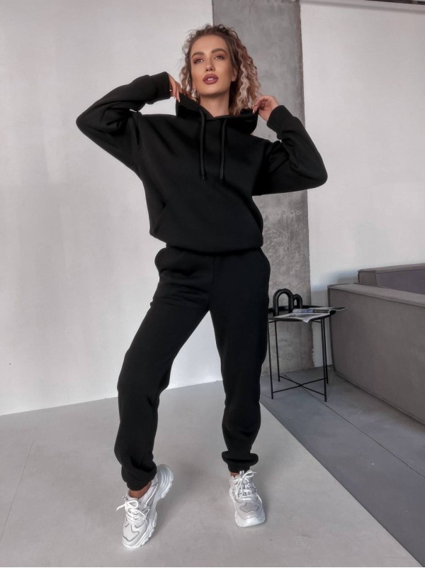 Жіночий спортивний костюм на флісi з капюшоном чорного кольору 35761