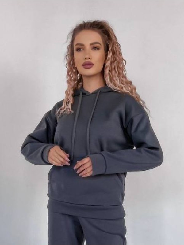 Жіночий спортивний костюм на флісi з капюшоном графiтового кольору 35762