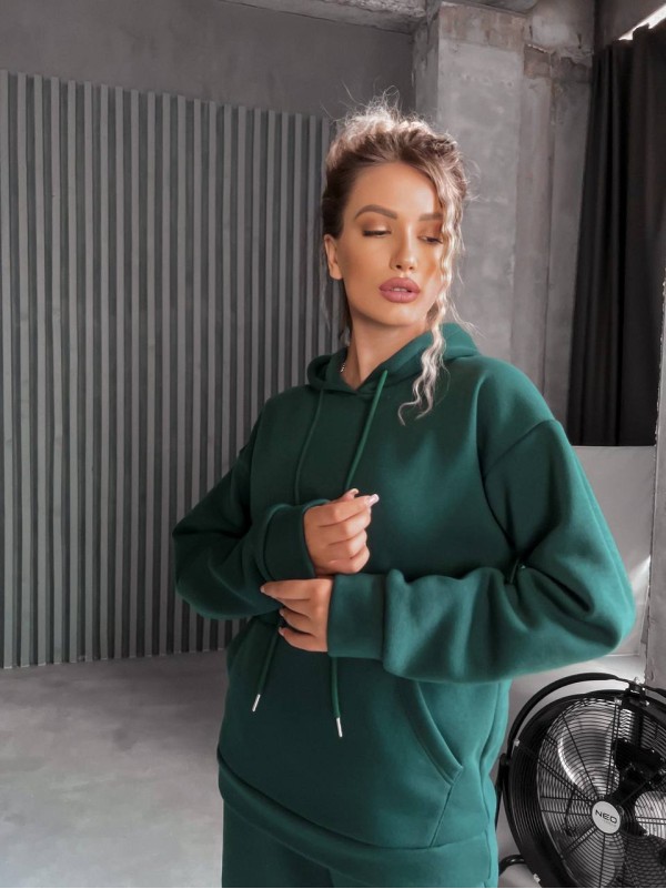 Жіночий спортивний костюм на флісi з капюшоном зеленого кольору 35764