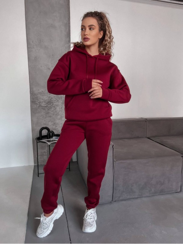 Жіночий спортивний костюм на флісi з капюшоном бордового кольору 35765