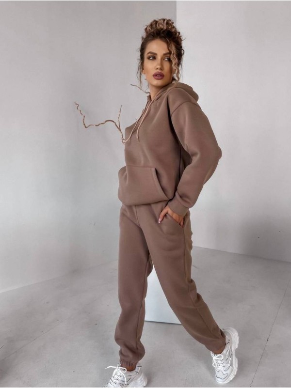 Жіночий спортивний костюм на флісi з капюшоном кавового кольору 35768