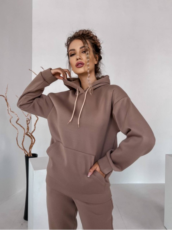 Жіночий спортивний костюм на флісi з капюшоном кавового кольору 35768
