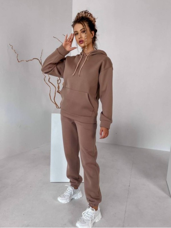 Жіночий спортивний костюм на флісi з капюшоном кавового кольору 35768