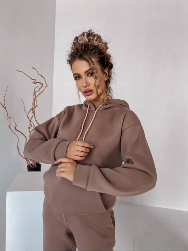 Жіночий спортивний костюм на флісi з капюшоном кавового кольору 35768