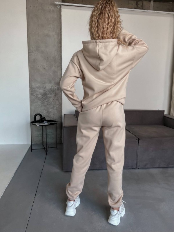 Жіночий спортивний костюм на флісi з капюшоном бежевого кольору 35769