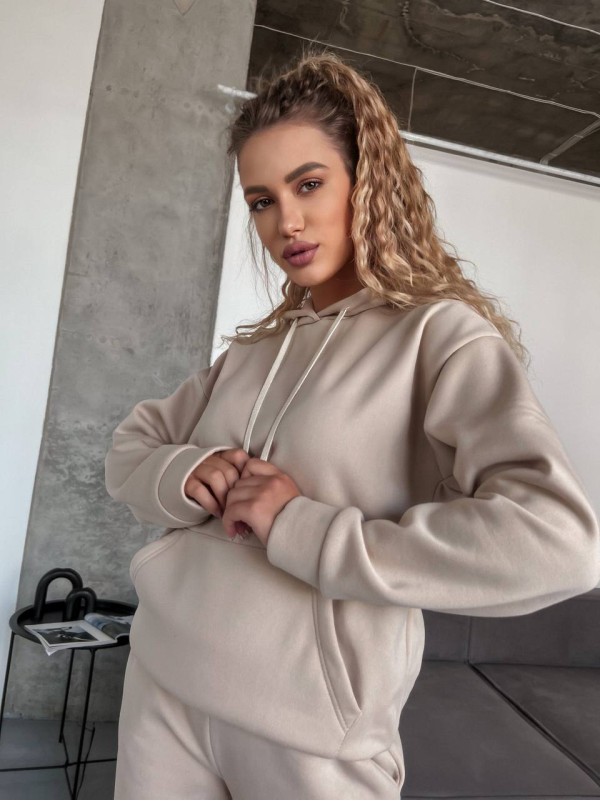 Жіночий спортивний костюм на флісi з капюшоном бежевого кольору 35769