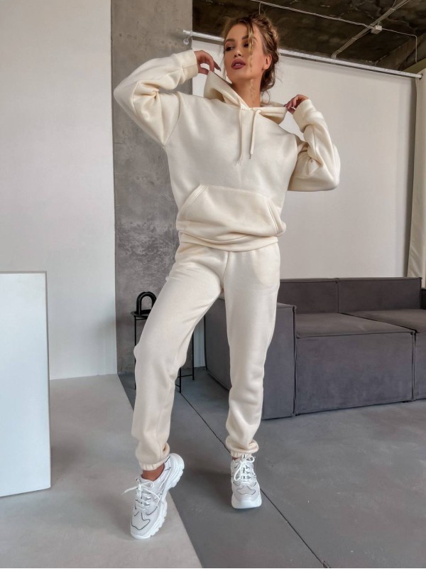 Жіночий спортивний костюм на флісi з капюшоном молочного кольору 35770