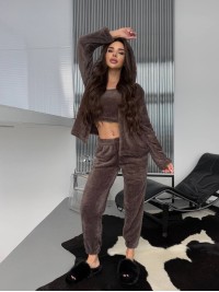 Жіночий домашній махровий костюм 3-ка коричневого кольору  35771