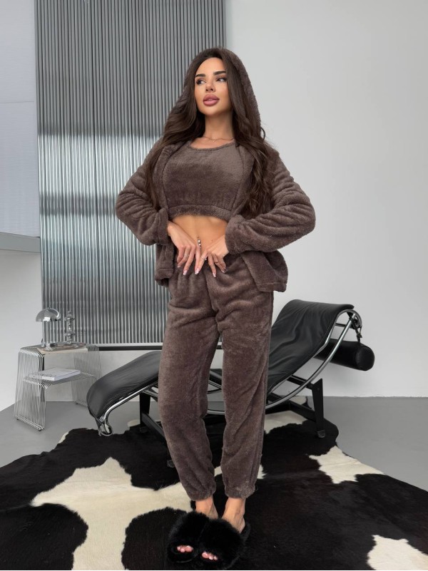 Жіночий домашній махровий костюм 3-ка коричневого кольору  35771